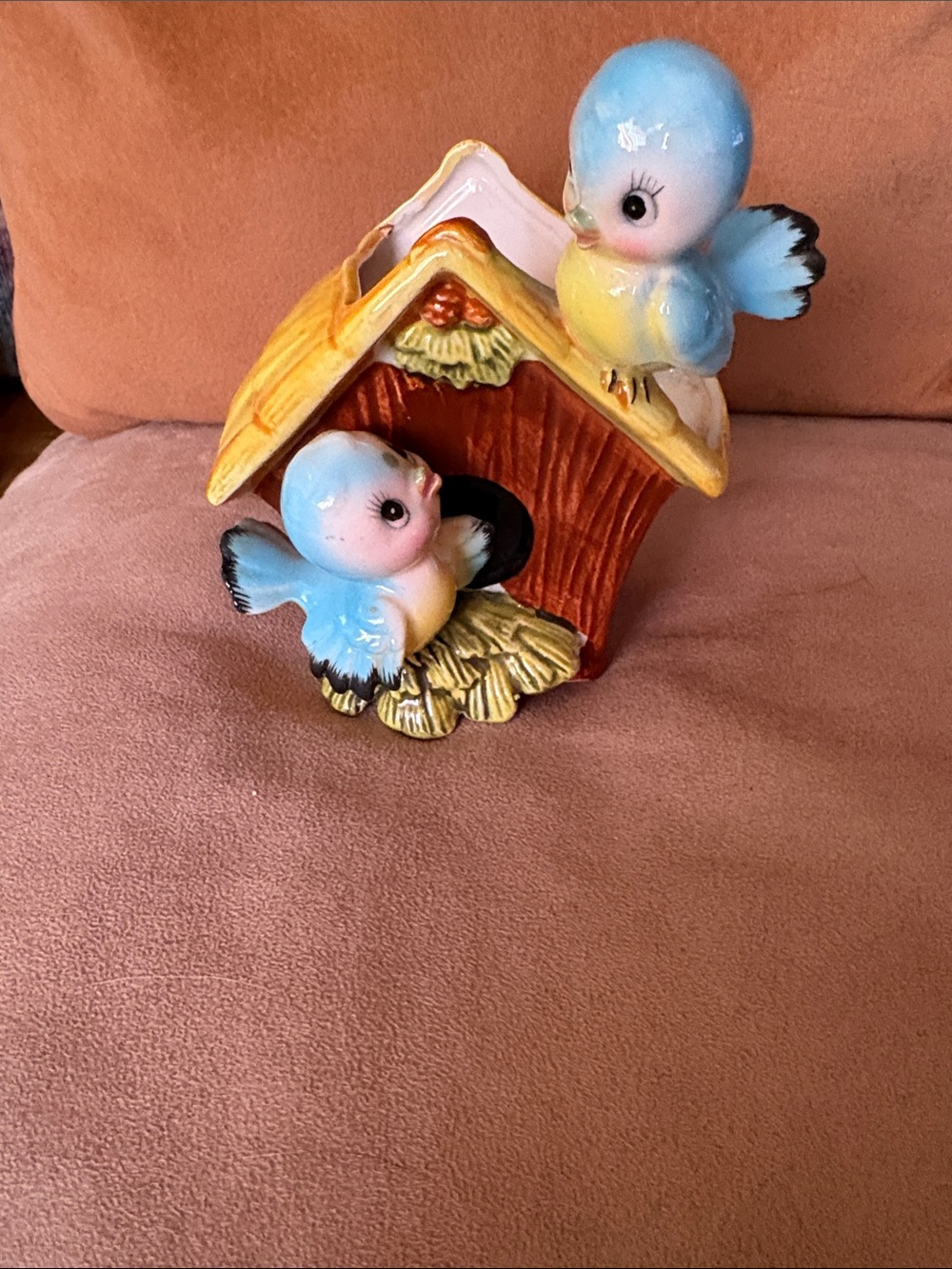 Blue and Yellow Ceramic Birdhouse Figurine Vintage Norcrest/Rare.